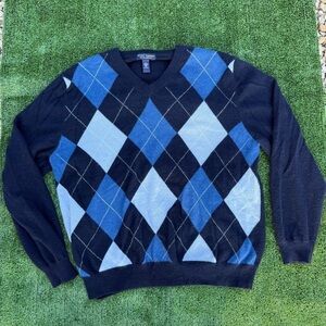 Grant Thomas Cashmere V-Neck Argyle Sweater - Navy Blue Size XL